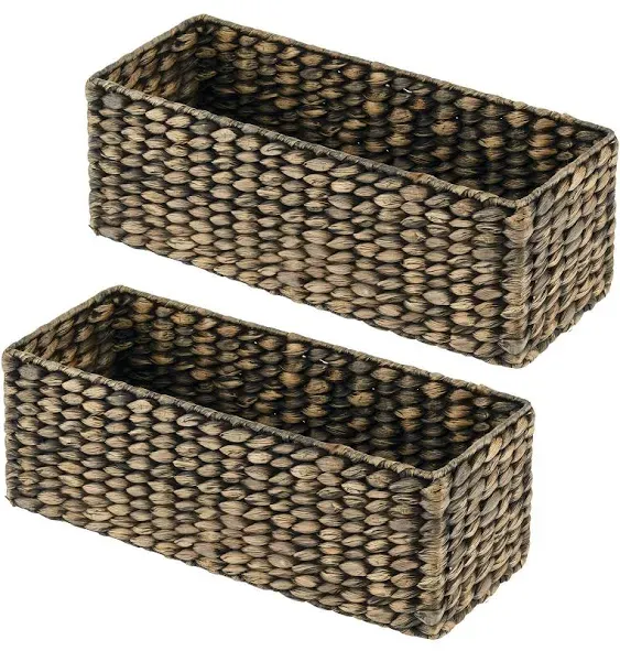 mDesign Woven Hyacinth Narrow Bathroom Toilet Roll Holder Storage Organizer Basket Bin - Rectangle Containers for Bathroom, Toilet Tank - Hold 3 Rolls of Toilet Paper - Gray