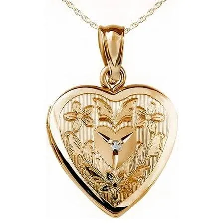 14K Gold Filled Floral Heart Photo Locket with Diamond Unisex Adult-3/4in x 3/4 in-Includes 18 Chain, Adult Unisex, Size: /4 inch x 3/4 inch