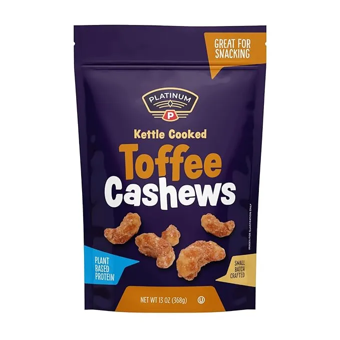 Platinum Toffee Cashews - Plant Based Protein, Fiber, Healthy Snack - Roasted & Sweet Flavors - Nutritional Boost - Can Bring at Home, Work, Office, Gym & School - 13 oz Individual & Resealable Pouch