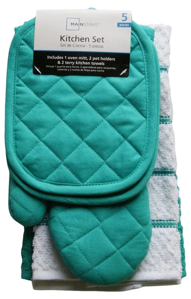 MAINSTAYS Teal Island Kitchen Towel Set 5 Piece- Pot Holders, Oven Mitt & 2 Terry Kitchen Towels (1, A)