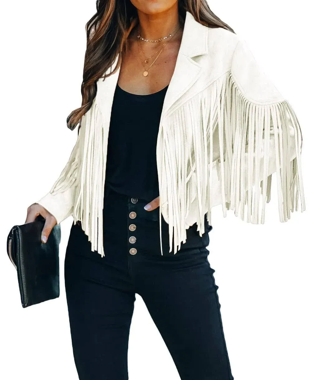 CHARTOU Casual Faux Leather Jacket Women Motorcycle Jacket Fringe Cropped Jacket Utility Tassel Suede Moto Jacket