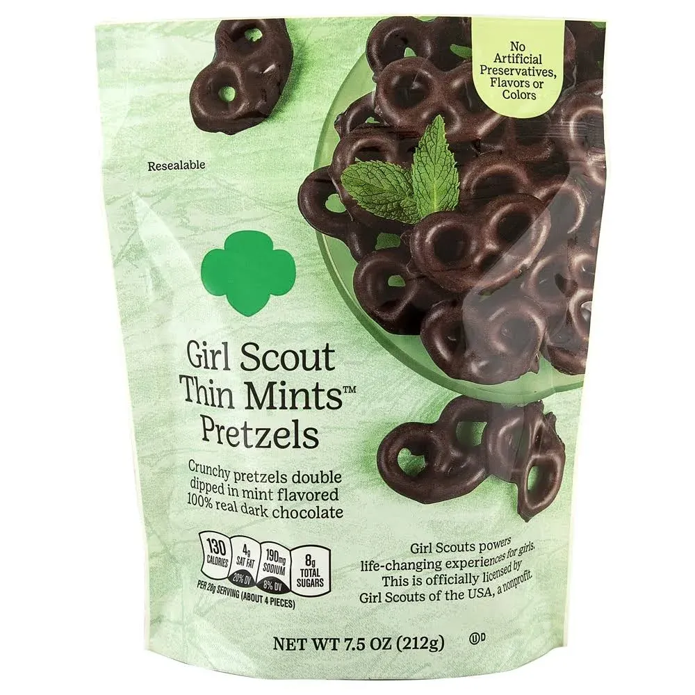 GIRL SCOUT THIN MINTS PRETZELS DELICIOUS CRUNCHY PRETZEL DIPPED DARK CHOCOLATE