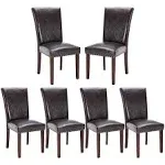 COLAMY Upholstered Parsons Dining Chairs Set of 6, PU Leather Dining Room Kitchen Side Chair with Nailhead Trim and Wood Legs - Dark Brown