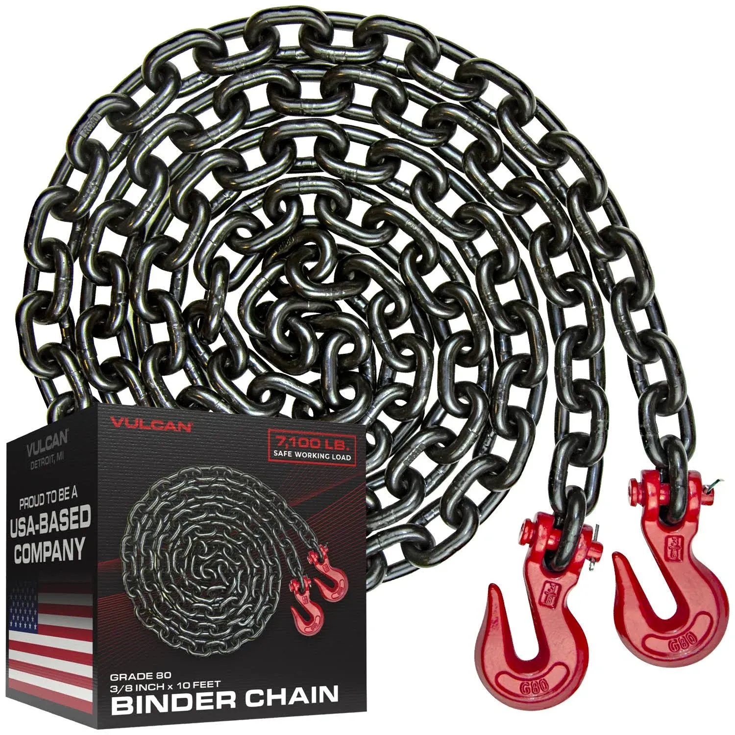 VULCAN Binder/Safety Chain with Clevis Grab Hooks - Grade 80-3/8 Inch x 10 Foot - 7,100 Pound Safe Working Load