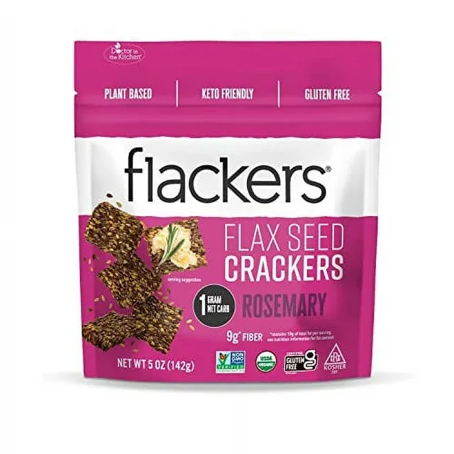 Flackers Organic Rosemary Flaxseed Crackers, Gluten Free, Non GMO, Vegan, Keto Snack, 9 Grams Fiber, 1 Net Carb, 5 Ounce 1-Pack