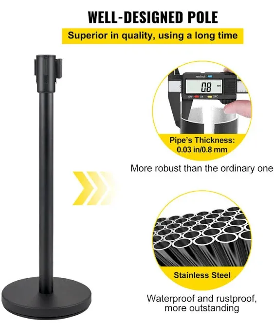 6.6 ft. Crowd Control Stanchion Set Black Retractable Belt Line Dividers with Metal Base in Black (6-Pieces)