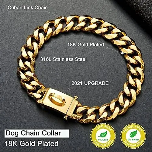 Gold Dog Chain Collar Walking Shiny Metal Choke Collar with Design Secure Buc