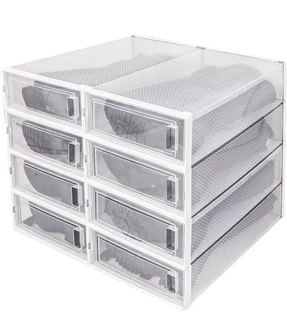 WAYTRIM Stackable Boots Storage Box,8 Pack Foldable Boots Box Organizer and Storage Boots box Clear Plastic Storage Bins Shoe Container Drop Front Shoe Drawers For Boots,White