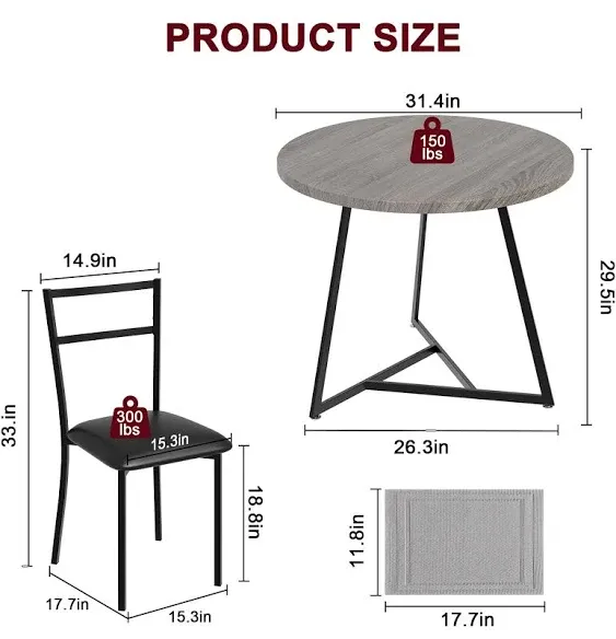 IDEALHOUSE Dining Table Set, Kitchen Table and Chairs for 2, Round Dining Room Table Set with 2 Upholstered Chairs, 3 Piece Kitchen Table Set for Small Space, Apartment, Studio, Rustic Gray