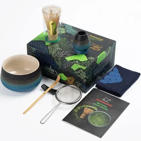 TEANAGOO Japanese Matcha Set (7pcs) Matcha Whisk Mtacha Kit Matcha Bowl Bamboo Matcha Whisk (Chasen) Scoop (chashaku) Whisk Holder. N23, Gradient Navy, Matcha Green Tea Powder