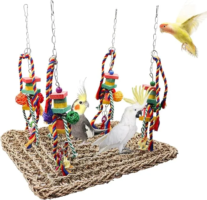 Large Bird Swing Toys,Colorful Parrot Seagrass Mat Hammock with Blocks, Bird Foraging Toy, Bird Cage Accessories, Suitable for Small to Medium Birds