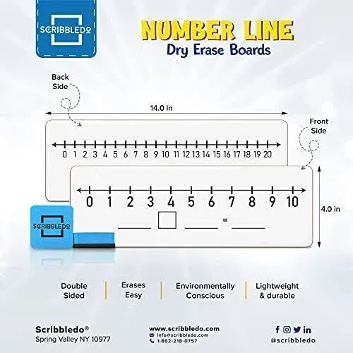 SCRIBBLEDO Dry Erase Number Line Board 4”x12” Inch Lapboard Double Sided White Board Featuring 0-10 Number Line On One Side 0-20 On The Other for Students Desk Whiteboard Math Manipulatives