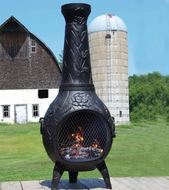 The Blue Rooster Rose Chiminea Outdoor Fireplace - Wood Burning Cast Aluminum Deck or Patio Firepit