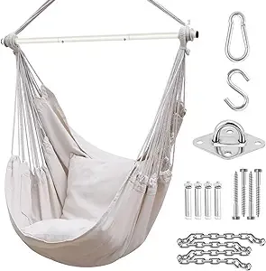 Hammock Chair with Hardware Kit: Ohuhu XL Portable Hanging Chairs Hammocks Swing with 2 Cushions, Metal Support Bar & Side Pocket for Patio Bedrooms Teen Girls Room Decor Indoor Outdoor, Max 330 Lbs