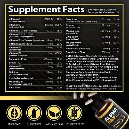 Peak Performance Alpha Day Nootropic Energy Supplement - 60 Capsules - Brain Booster & Immune Support - Improves Focus, Concentration, Cognitive