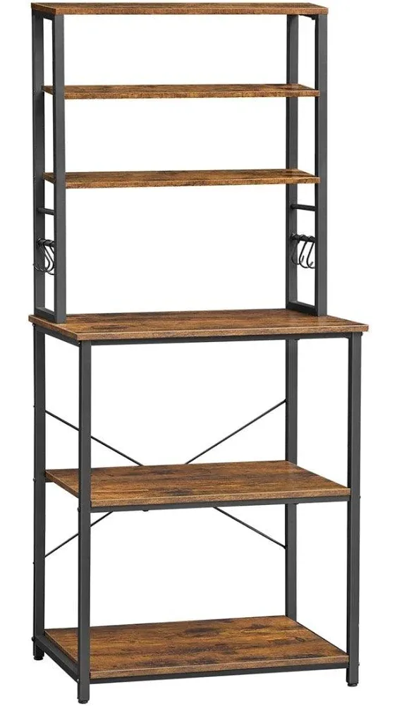 "Baker's Rack, Microwave Oven Stand, 6 Hooks, 15.7 x 23.6 x 65.7 Inches, Rustic Brown"