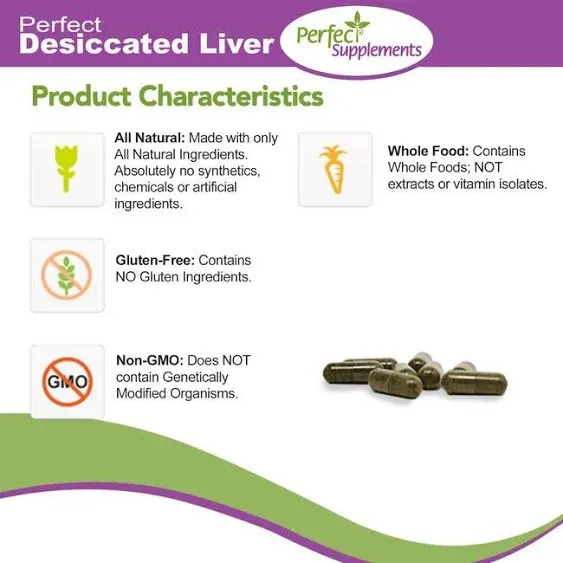 Perfect Supplements – Perfect Desiccated Liver – 120 Capsules - Undefatted Beef Liver – Natural Source of Protein, Iron, Vitamins A & B