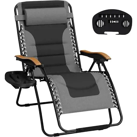 MFSTUDIO Zero Gravity Chairs, Oversized Patio Recliner Chair, Padded Folding Lawn Chair with Cup Holder Tray, Support 400lbs, Grey