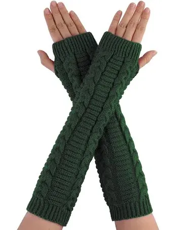 Women's Fingerless Glove Winter Knit Thumb Elbow Length Arm Warmers, Green-Twist ...