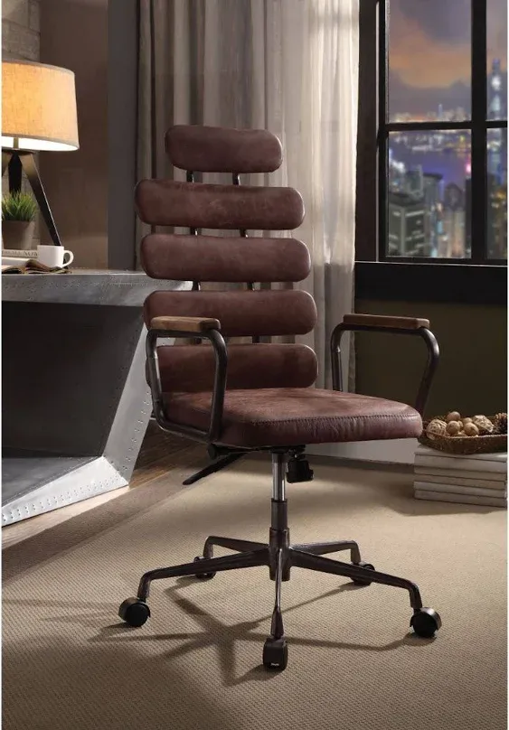 Leatherette Metal Swivel Executive Chair with Five Horizontal Panels Backrest Brown and Gray - Saltoro Sherpi