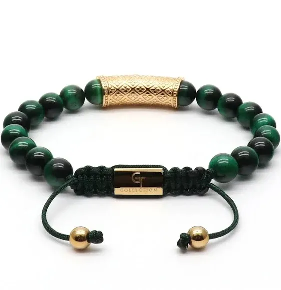 "Men's GREEN TIGER EYE, MATTE ONYX Flat bead Bracelet"