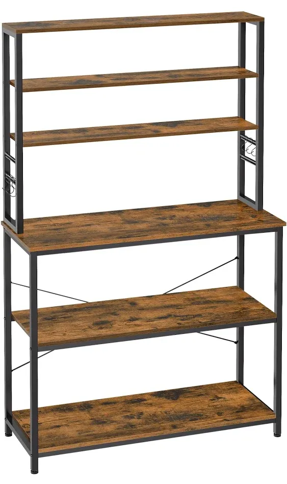 VASAGLE Coffee Bar, 39.4 Inches Baker's Rack for Kitchen with Storage, 6-Tier Kitchen Shelves with 6 Hooks, Microwave Stand, Industrial, Rustic Brown and Black UKKS039K01