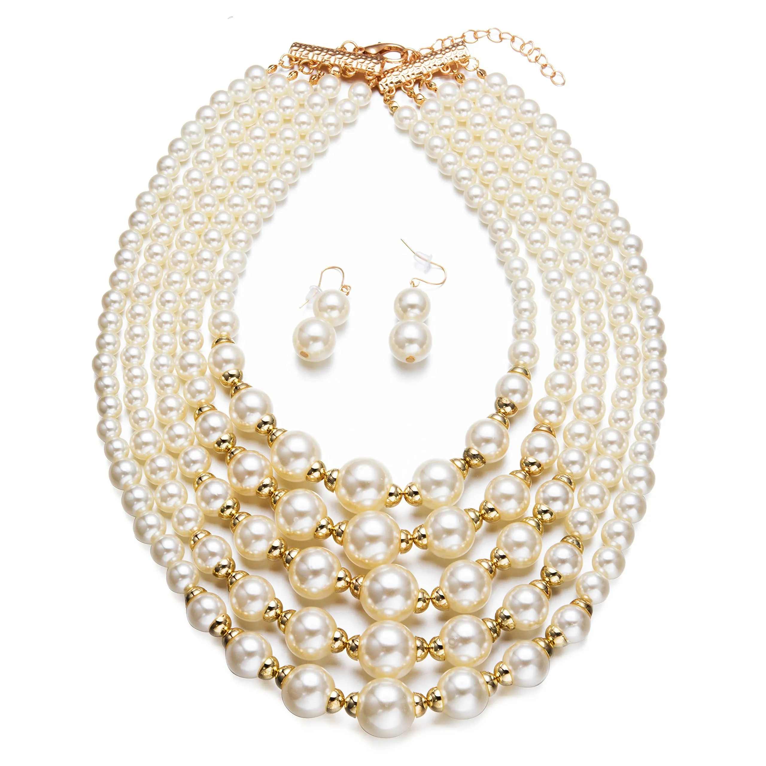 Women Elegant Jewelry Set White Pearl Bead Cluster Collar Bib Choker Necklace