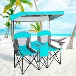 Gymax Folding 2-Person Camping Chairs Double Sunshade Chairs w/ Canopy