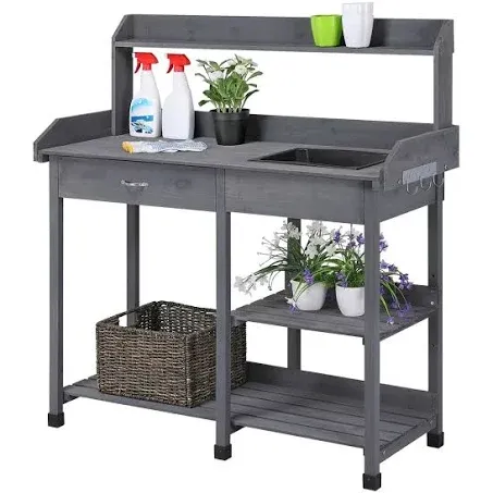 Easyfashion Fir Garden Potting Bench W/Sink Drawer Rack Shelves Gray