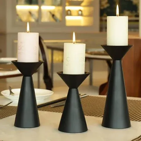 Black Candle Holders Set of 3 - Metal Candle Holders for Pillar Candles - 3 Pillar Candle Holder Centerpiece - Pillar Candle Holders for Table - Black Candle Holder Set Candle Stands Decorative