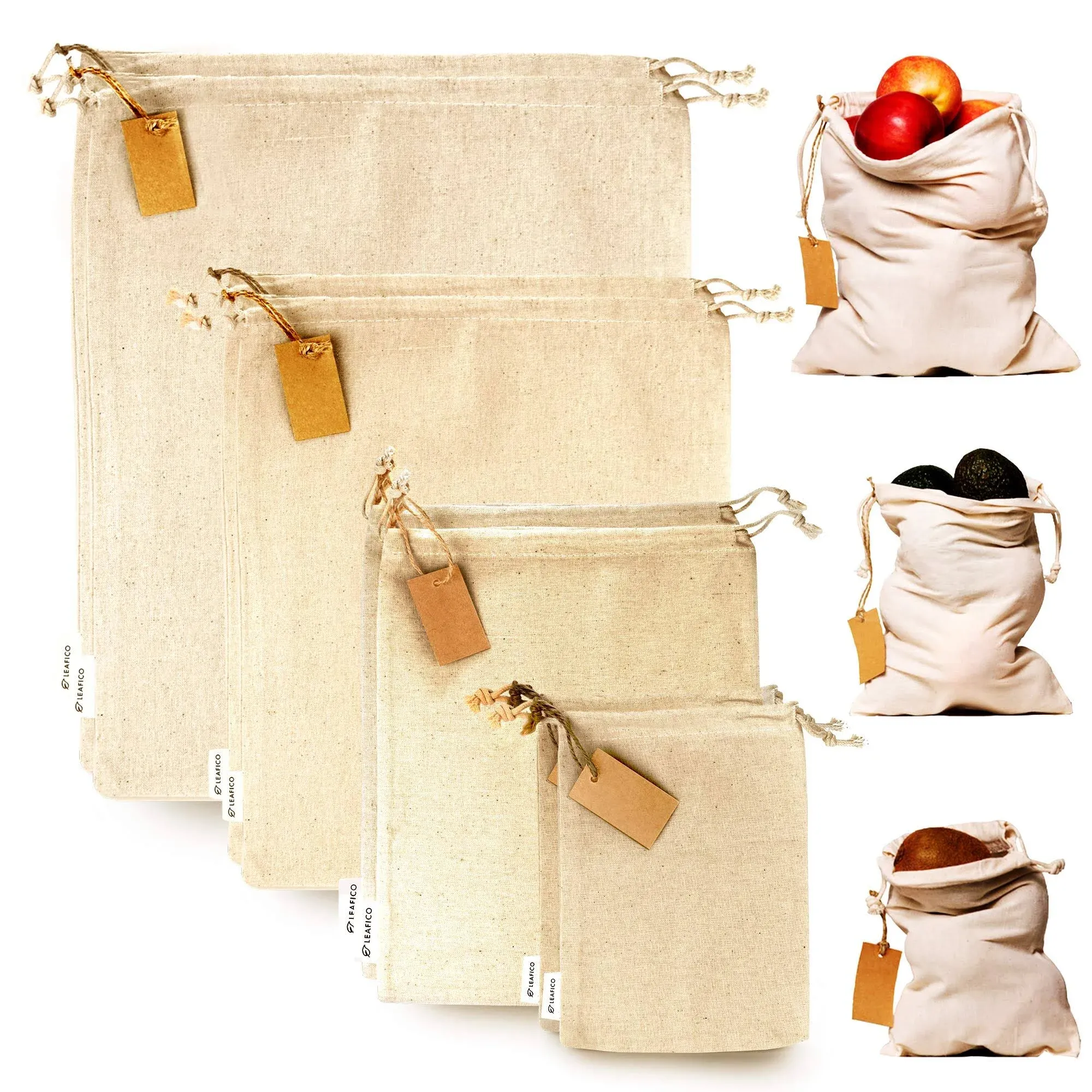 LEAFICO Muslin Bags with Drawstrings (Set of 8)