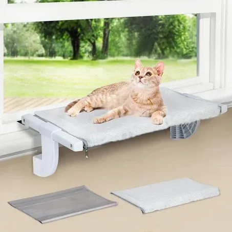 Window Sill Mount Cat Perch for Indoor Cats, One-Step Sliding Clamping Slot Adjustment Cat Hammock with Removable Two Fabrics Cover, No Suction Cups Cat Bed for Windowsill & Bedside (XL)