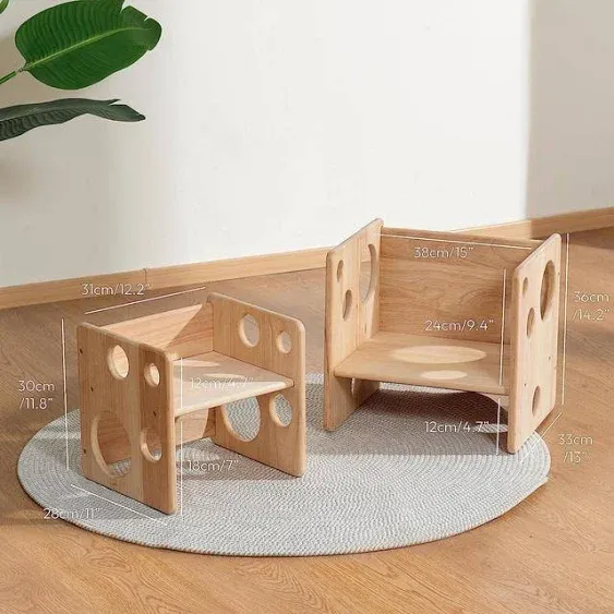 Kids Table and Chair Set, Montessori Weaning Table and Chair Set for Toddler, Natural Solid Wooden Activity Table Cube Chair for Drawing Reading, Montessori Playroom Furniture for Children