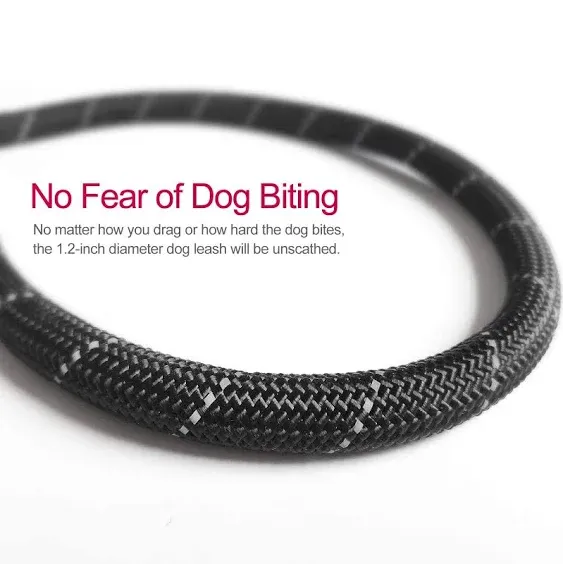 10 FT Strong Dog Leash Extra Heavy Duty Rock Climbing Rope Comfortable Padded Handle Highly Reflective Threads for Small Medium Large Dogs, 1/2 inch Diameter (Black Black)