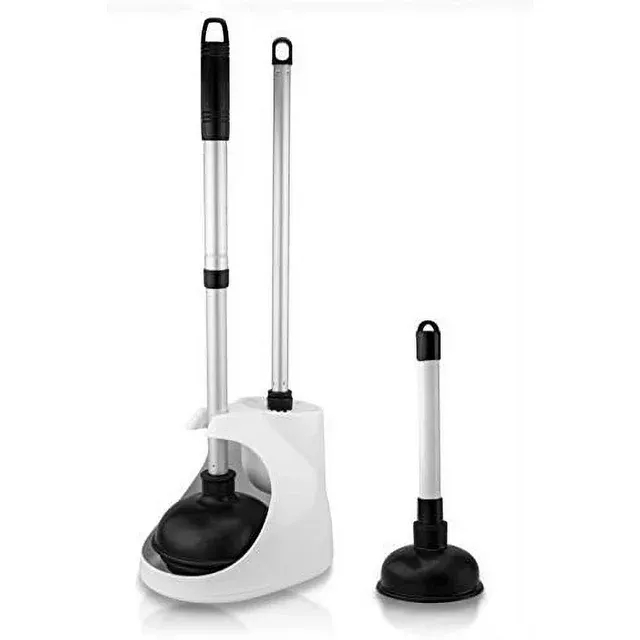 Neiko 60168A Toilet Plunger Set, 4 Piece, Bonus Mini Sink & Drain Plunger, Toilet Bowl Brush & Caddy, Patented All-Angle Design, Telescopic Aluminum