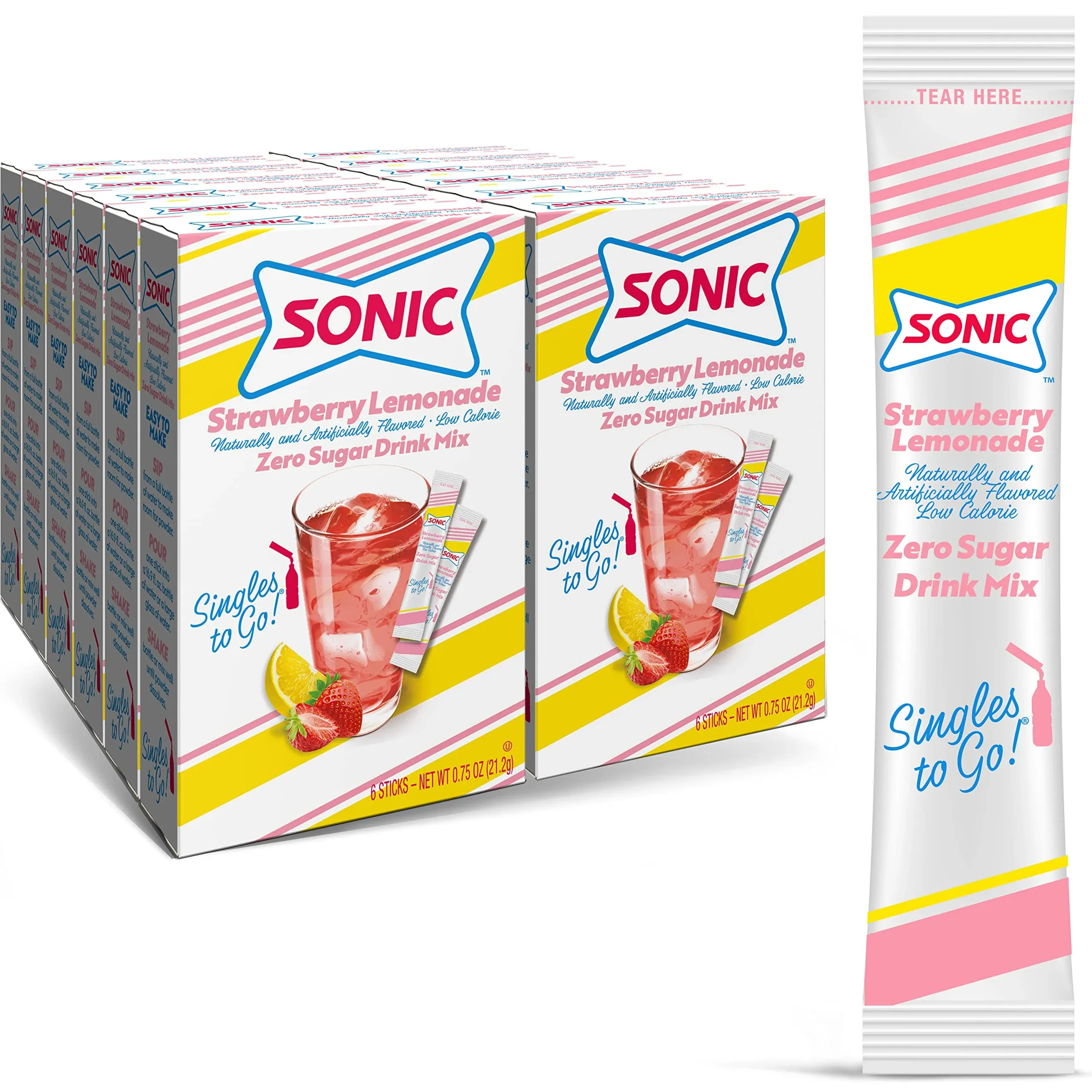 Sonic Singles to Go Powdered Drink Mix, Strawberry Lemonade, 6 Sticks per Box, 12 Boxes (72 Sticks Total)