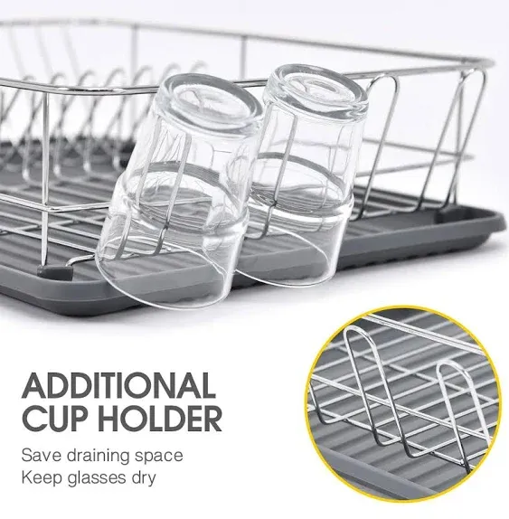 TOOLF Dish Rack, Large Capacity, Dish Drying Rack with Cutlery Holder, Removable Drip Tray, Cup Holder, Compact Kitchen Drainers for Countertop, Grey