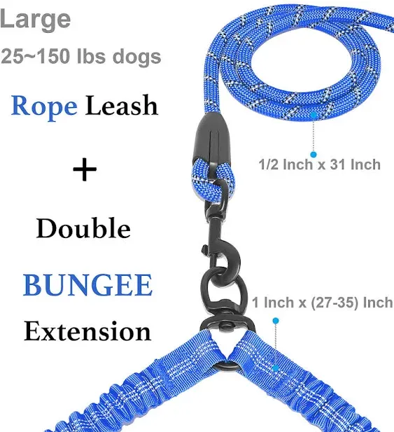 iYoShop Dual Dog Leash, Double Dog Leash, 360 Swivel No Tangle Walking Leash, Shock Absorbing Bungee for Two Dogs, Royal Blue, Large (25-150 lbs)