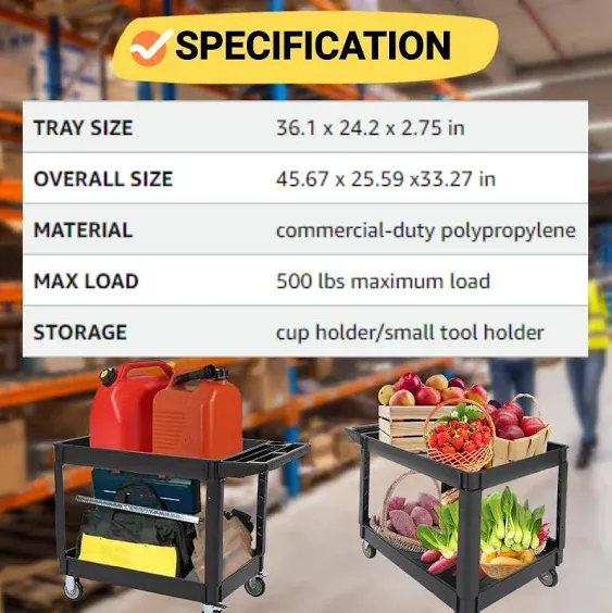 Service Utility Cart 2-Shelf Utility/Servic<wbr/>e Cart, 500-Pound Capacity, Storage 