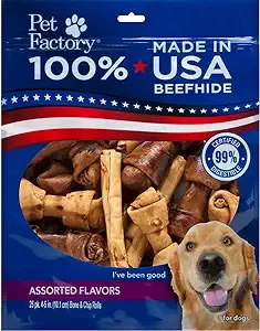 Pet Factory 100% Made in USA Beefhide 4-6" Assorted (Bones & Chip Rolls) Dog Chew Treats - Beef & Chicken Flavor, 25 Count/1 Pack