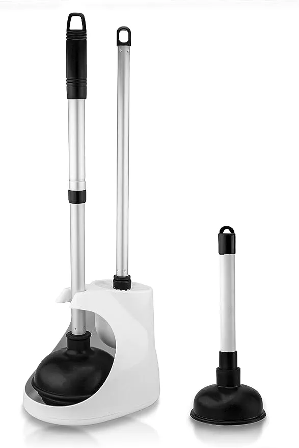 NEIKO 60168A Toilet Plunger Set, 4 Piece, Bonus MiniSink & Drain Plunger, Toilet Bowl Brush & Caddy, Patented All-Angle Design, Telescopic Aluminum Handle, Bathroom Toilet Brush and Plunger Set