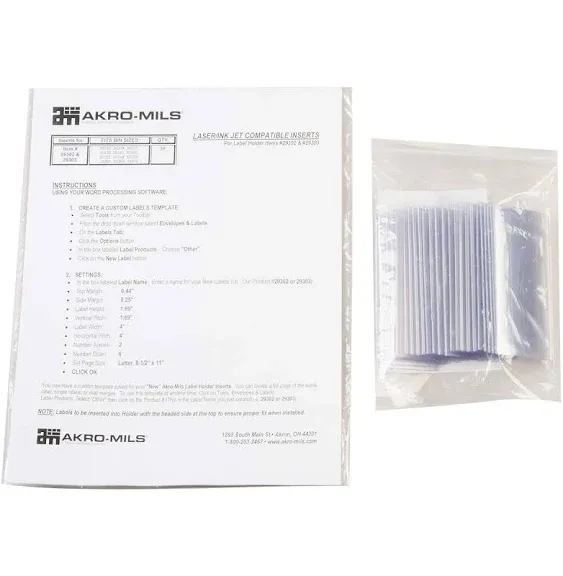 AKRO-MILS Label Holder: 4 in x 1 3/4 in, Clear, Pocket, 25 Label Holders, Hanging, Plastic, 25 PK