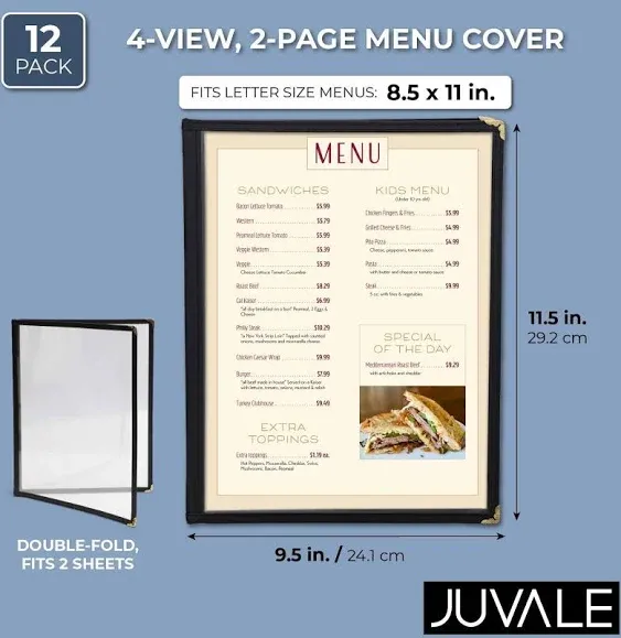 12 Pack Clear Restaurant Menu Covers, Letter Size Holders with Double Panels, Metal Corners (8.5 x 11 in)