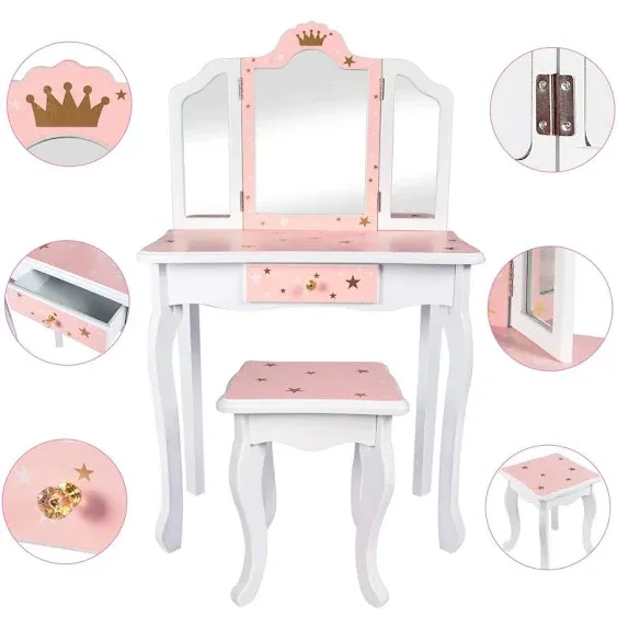 Nromant Kids Vanity Table and Chair Set Girls Vanity Set with Mirror and Stool Tri-Folding Mirror Makeup Dressing Princess Table with Drawer Kids