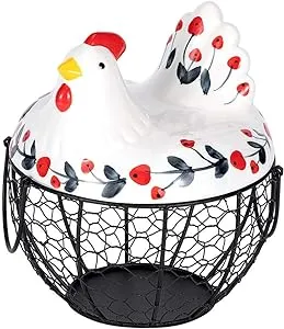 Chicken Design Ceramic Egg Storage Basket Iron Basket Holds 20-25 Eggs, Egg Holder, Organizer Case, Container Egg Basket Holder