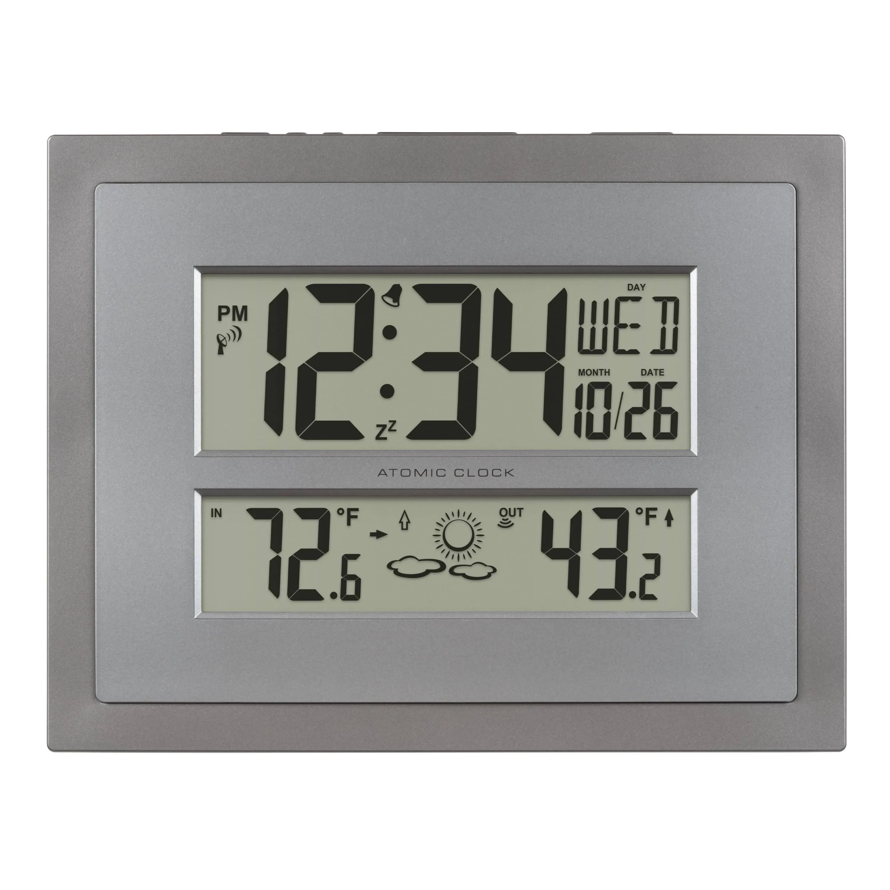 512-85937-INT Atomic Digital Wall Clock with Temperature &amp; Forecast in Gray/S...