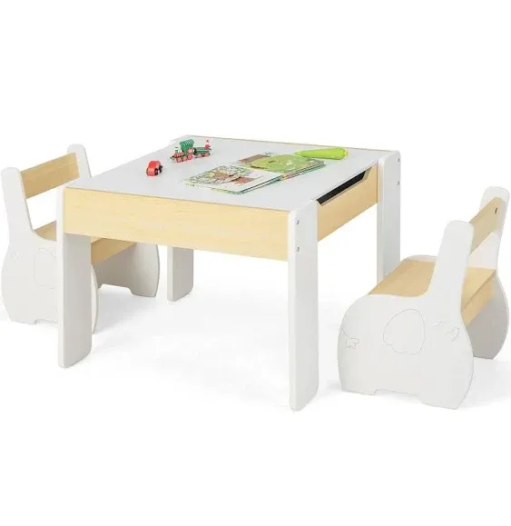 INFANS 3 in 1 Kids Table and Chair Set, Wood Multi Activity Table with Removable Tabletop Storage, Detachable Blackboard for Toddler Playing Drawing Arts Crafts,3 PCS Children Furniture