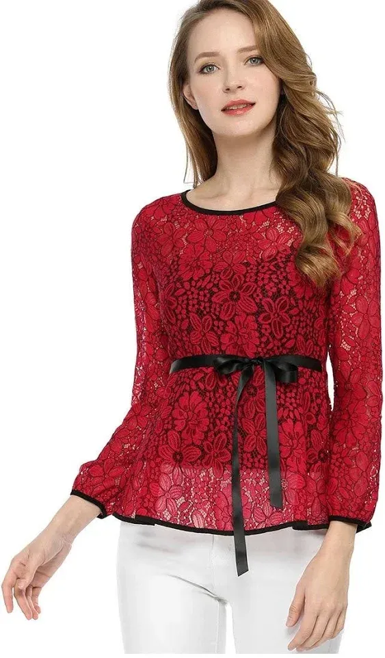 Allegra K Women's Elegant Tie Waist Long Sleeve Top Lace Peplum Blouses