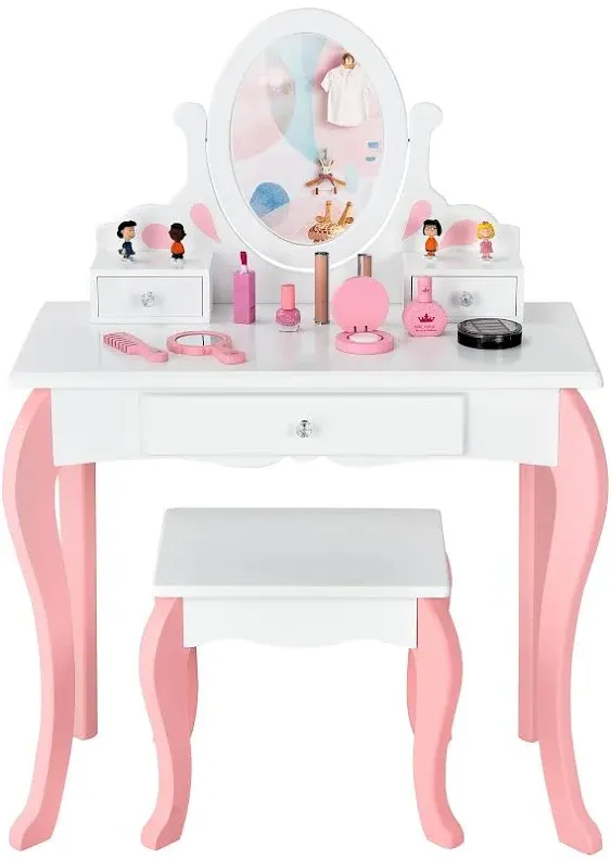 Costzon Kids Vanity Set with Mirror, 2 in 1 Princess Makeup Dressing Table w/Detachable Top, Toddler Vanity with 360° Rotating Mirror, Drawers & Stool, Pretend Play Vanity Set for Little Girls, Pink