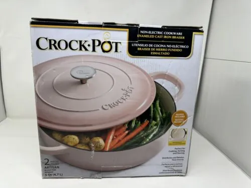 Crock Pot Artisan Enameled Cast Iron 5 Quart Round Braiser Pan Blush Pink